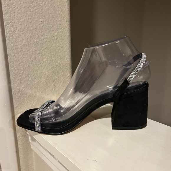 Lisa Vicky Mood Microsuede Block Heel Slide Sandal Black Rhinestone Strap Sz 6.5 - Picture 5 of 10